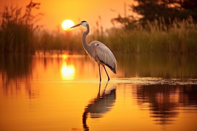 a bird is standing in the water with the sun behind it.