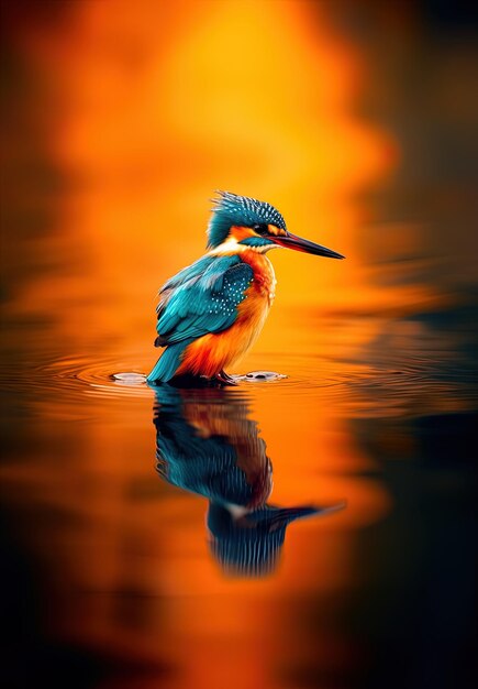 a bird is swimming in the water with a orange background