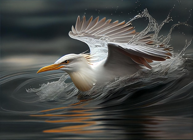 A bird is swimming in the water with wings spread out.