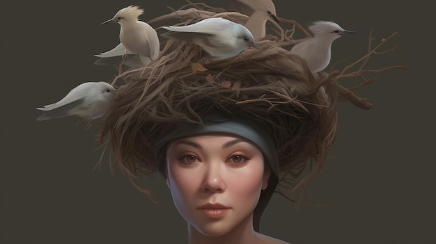 Bird Lady 머리에 새 떼를 이고 있는 여성의 멋진 디지털 삽화