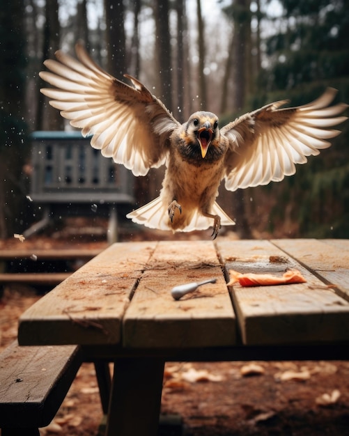 A bird lands on a picnic table