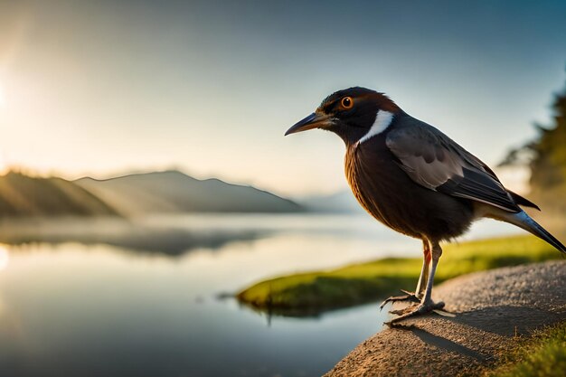 湖を背景に棚の上にいる鳥