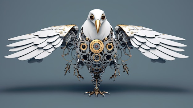 Птица, сделанная из механических частей на сером фоне, генеративное изображение ai