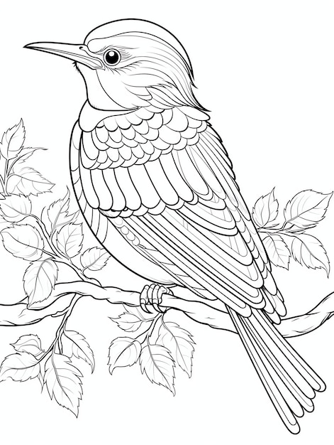 Photo bird magical fairytale coloring book page in black and white for adults and kids