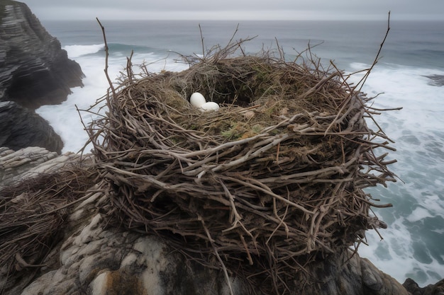 A bird nest on a rock with the sea in the background.