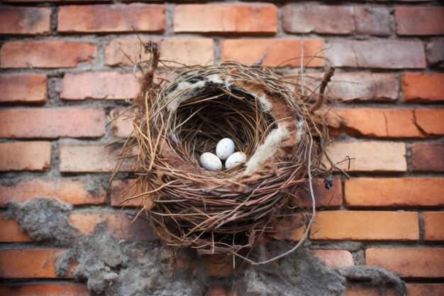 Bird nest in vent on old brick wall created with generative ai