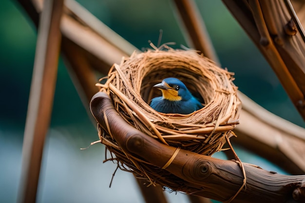 青い鳥がいる巣の中の鳥