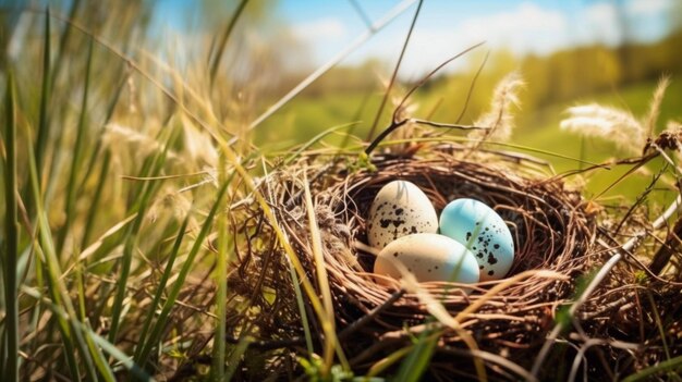 A bird nest with blue eggs in it