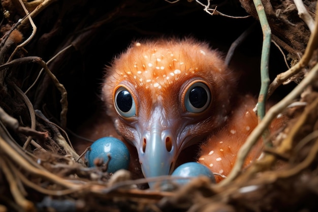 a bird in a nest with blue eggs