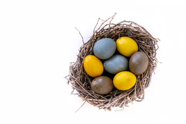 Bird nest with colorful yellow blue and brown Easter eggs isolated on white background Happy Easter concept Top view