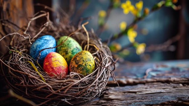 A bird nest with four beautiful eggs showing the wonder and beauty of the natural world Easter Multicolored eggs in a basket