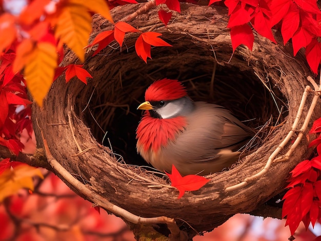 A bird in a nest with red leaves in