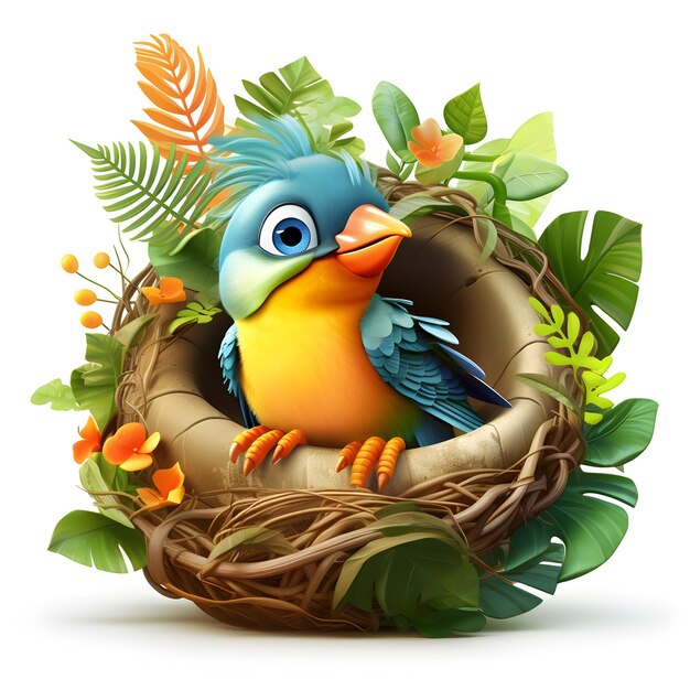 Photo bird in the nest with tropical plants