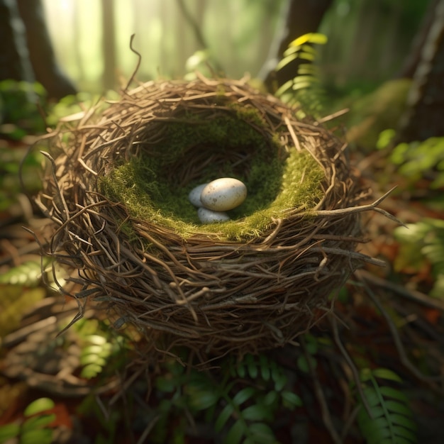 A bird nest with a white egg in it.