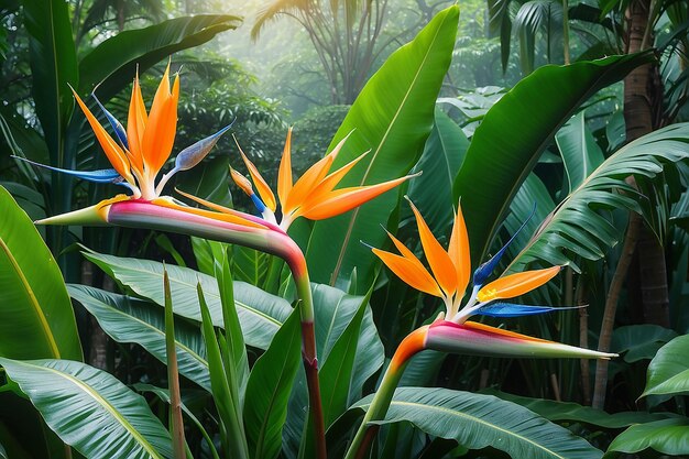 Bird of paradise flower blossom in botanic garden with green leaves background