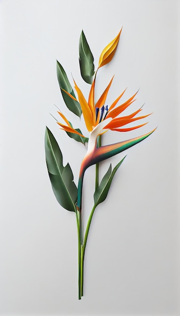 A bird of paradise flower is displayed on a white background.