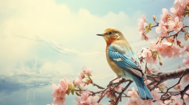 Photo bird perched on blossoming tree branch