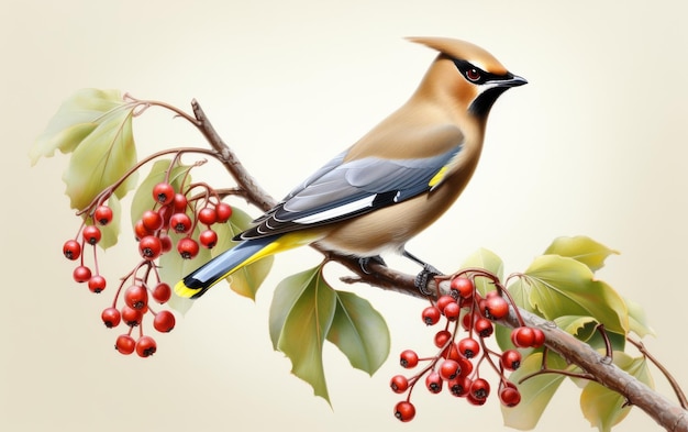 Bird Perched on Branch With Berries