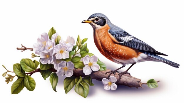 Bird Perched on Flowering Branch