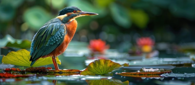 Bird Perched on Leaf in Water