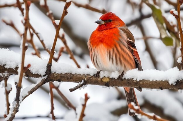 A bird perched on a snowy branch