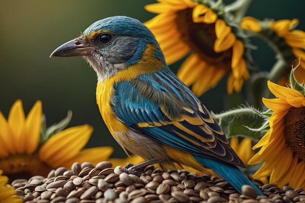 Bird perched on sunflower seed head