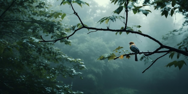 Bird Perched on Tree Branch in Forest