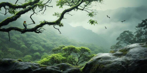 Bird Perched on Tree Branch in Forest