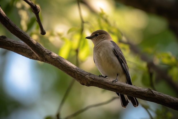 A bird perched on a tree branch looking u