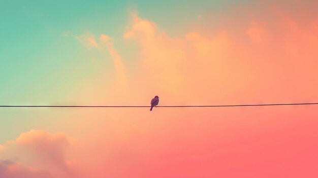A bird perched on a wire against a vibrant sky