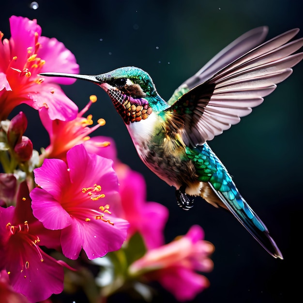 鳥が花に座ってそのくちばしを生み出します