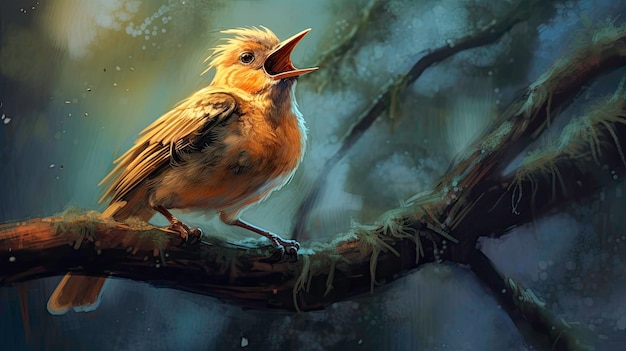 A Bird Perching on a Branch in a Painting Style Image Generated by AI