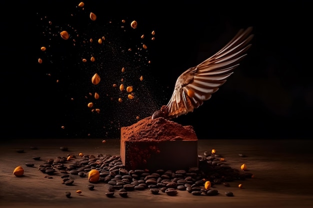 Птица и кусочек темного шоколада на какао-порошке Нейронная сеть сгенерирована искусственным интеллектом