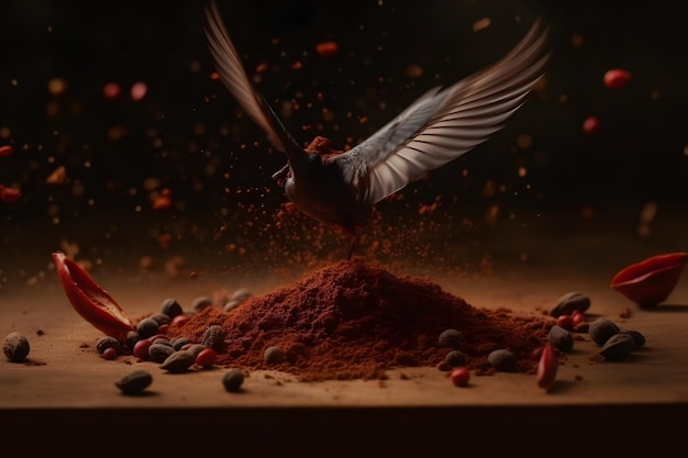 Bird and piece of dark chocolate on cocoa powder Neural network AI generated