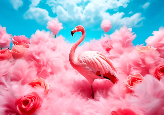 Bird pink flamingo against the background of flowering plants around AI Generated