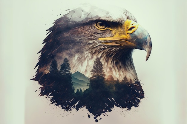 Bird of of prey eagle portrait with double exposure nature background