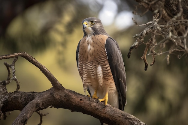 A bird of prey perched on a tree branc