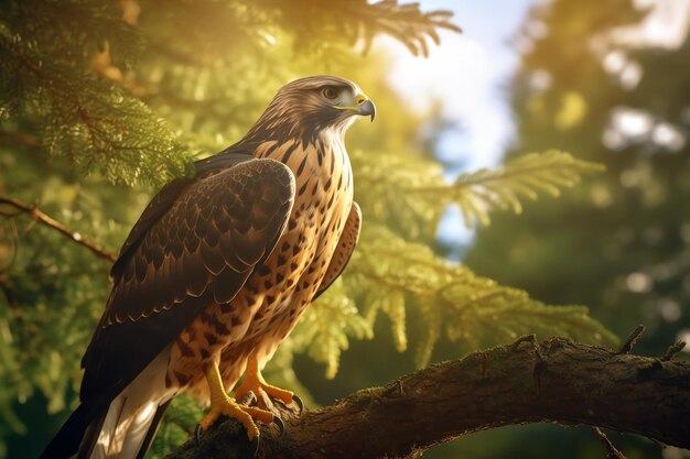 A bird of prey sits on a branch in a forest