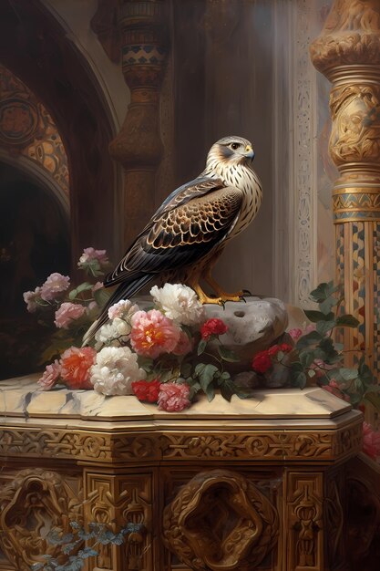 Photo a bird of prey sits on a pedestal with flowers.