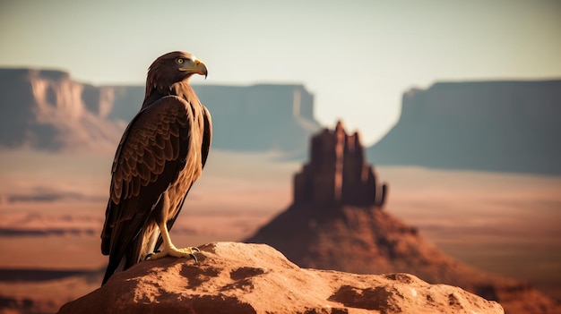 Photo a bird of prey sits on a rock in the desert.