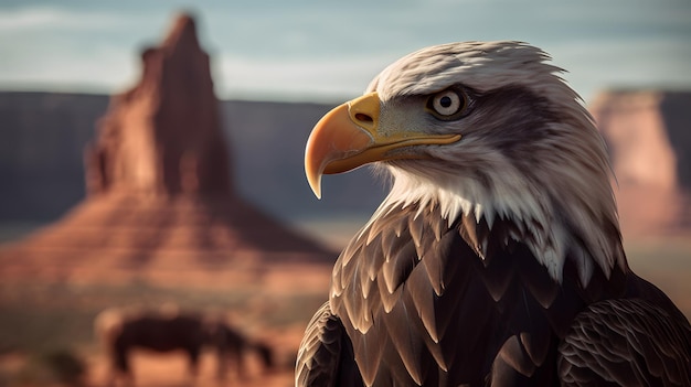 A bird of prey stands on a rock in a desert landscape.