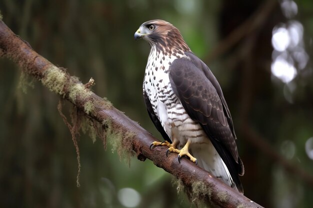 A bird of prey such as a hawk perched on a tree branc