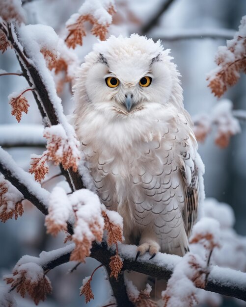 Foto uccello da preda, gufo bianco nevoso, corpo pieno su un ramo d'albero nella foresta, nascosto nella neve e guardando la telecamera.