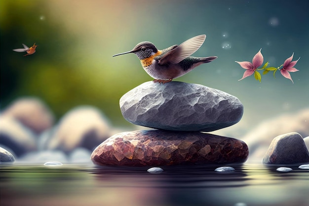 A bird on a rock with water and flowers in the background