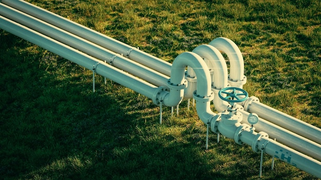 A bird's eye view of a hydrogen gas pipeline located in a meadow 3d rendering