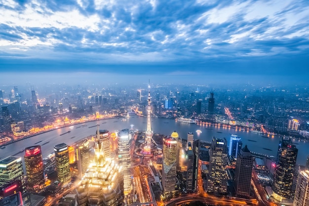 A bird's eye view of magic city of shanghai in nightfall