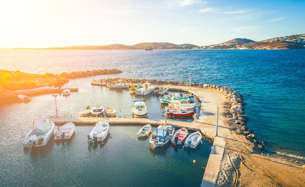 Bird's eye view on motorboats at marina Paros island