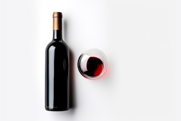 Фото Вид с высоты птичьего полета на белый фон с бокалом и бутылкой красного вина