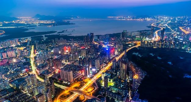 A bird's eye view of the urban architecture at night