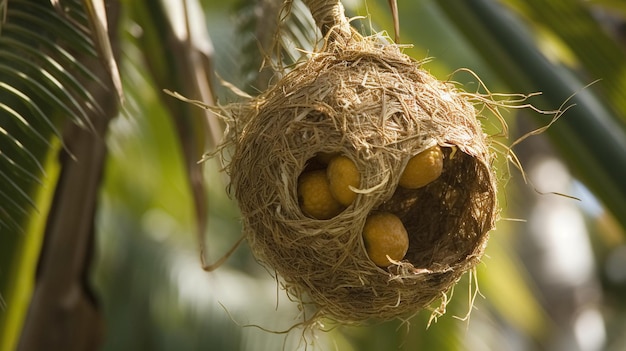 A bird's nest is hanging on a tree